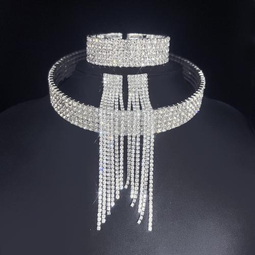 Rhinestone Zinc Alloy Jewelry Set, fashion jewelry & for woman & with rhinestone, silver color 