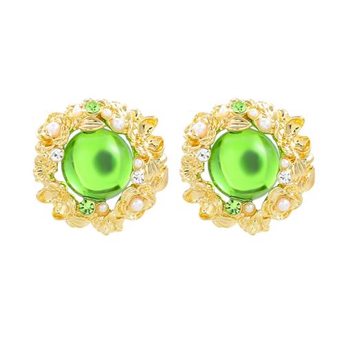 Resin Zinc Alloy Earring, with acrylic rhinestone & Resin & Plastic Pearl, Flower, fashion jewelry & for woman, green 