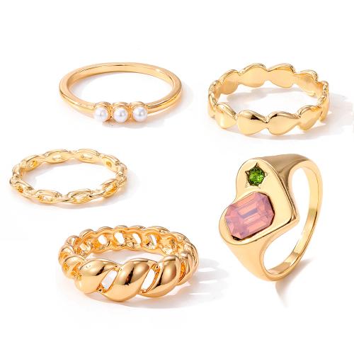 Zinc Alloy Ring Set, with Plastic Pearl, 5 pieces & for woman & with rhinestone, golden 