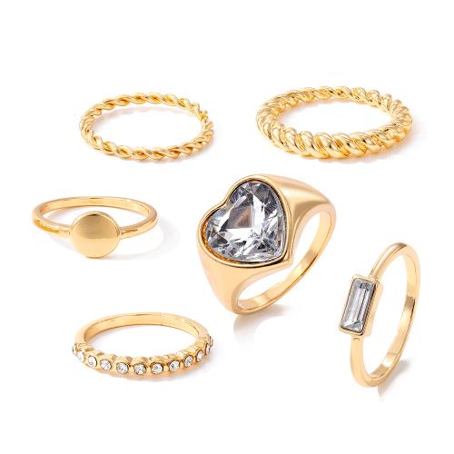 Zinc Alloy Ring Set, Rose, 6 pieces & for woman & with rhinestone, golden 