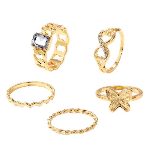 Zinc Set anillo de aleación, aleación de zinc, 5 piezas & para mujer & con diamantes de imitación, dorado, Vendido por Set