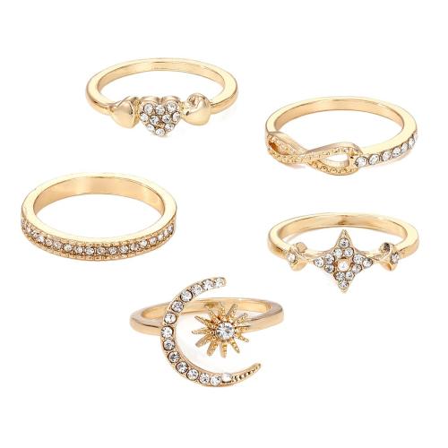 Zinc Set anillo de aleación, aleación de zinc, 5 piezas & para mujer & con diamantes de imitación, dorado, Vendido por Set