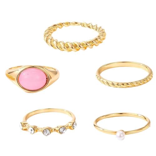 Zinc Alloy Ring Set, with Resin & Plastic Pearl, 5 pieces & for woman & with rhinestone, gold 
