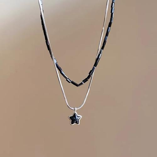 Titan Schmuck Halskette, Titanstahl, mit Kristall, mit Verlängerungskettchen von 6cm, handgemacht, Doppelschicht & Modeschmuck & für Frau, schwarz, Länge:ca. 40 cm, ca. 45 cm, verkauft von PC