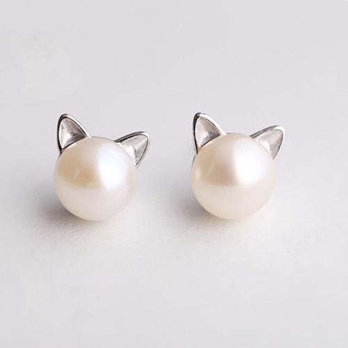 Sterling Silver Natural Pearl Stud Earring, 925 Sterling Silver, with Freshwater Pearl, Cat, fashion jewelry & for woman 