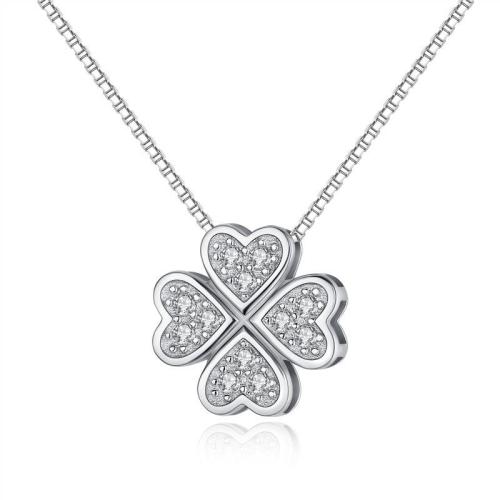 Cubic Zircon Micro Pave Sterling Silver Necklace, 925 Sterling Silver, Four Leaf Clover, fashion jewelry & micro pave cubic zirconia & for woman 