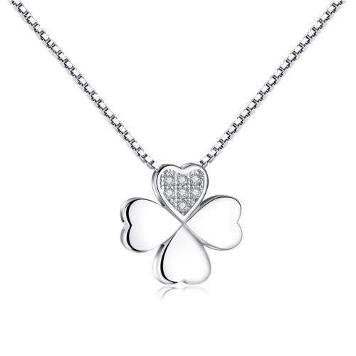 Cubic Zircon Micro Pave Sterling Silver Necklace, 925 Sterling Silver, Four Leaf Clover, fashion jewelry & micro pave cubic zirconia & for woman 