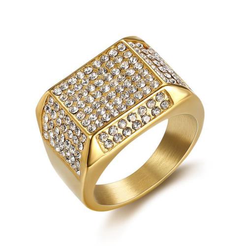 Rhinestone Stainless Steel Finger Ring, 304 Stainless Steel & for man & with rhinestone, golden 