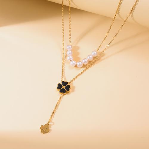 Stainless Steel Jewelry Necklace, 304 Stainless Steel, with Plastic Pearl, with 6cm extender chain, Four Leaf Clover, Double Layer & fashion jewelry & for woman, golden Approx 40 cm 