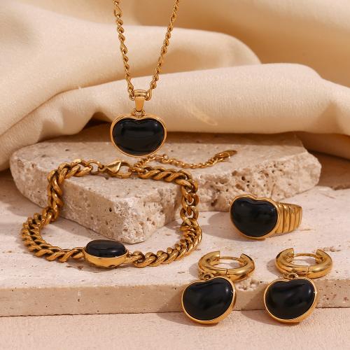 Fashion Stainless Steel Jewelry Sets, 304 Stainless Steel, with Black Agate, gold color plated  & for woman 