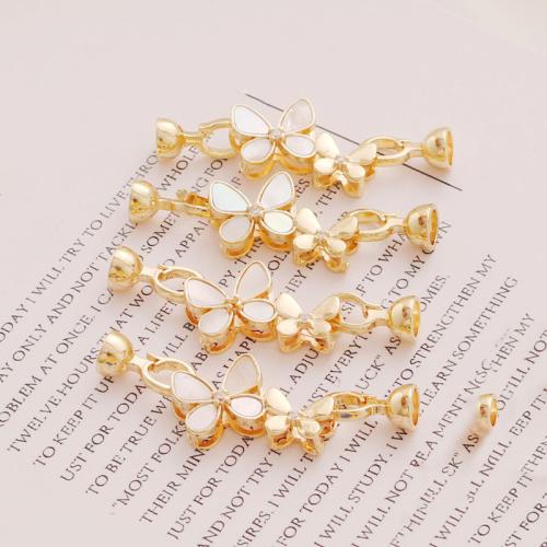 Brass Clasp Findings, with White Shell, Butterfly, gold color plated, DIY & micro pave cubic zirconia, 48mm 