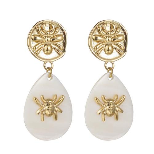 Stainless Steel Drop Earring, 304 Stainless Steel, with White Shell, Teardrop, gold color plated, for woman, white 