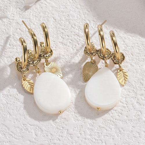 Stainless Steel Drop Earring, 304 Stainless Steel, with White Shell, Teardrop, gold color plated, for woman, white [