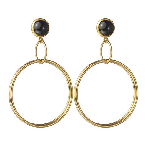 Titanium Steel Earrings, with Resin, Round, gold color plated, for woman, black 