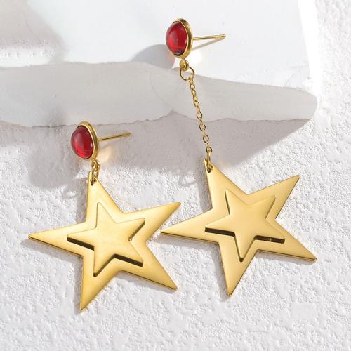 Titanium Steel Earrings, with Resin, Star, gold color plated, for woman, red 
