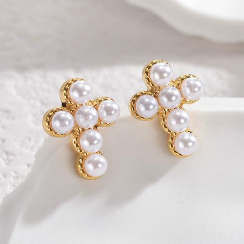 Titanium Steel Earrings, with Crystal Pearl & Plastic Pearl, Cross, gold color plated & for woman & enamel & with rhinestone 