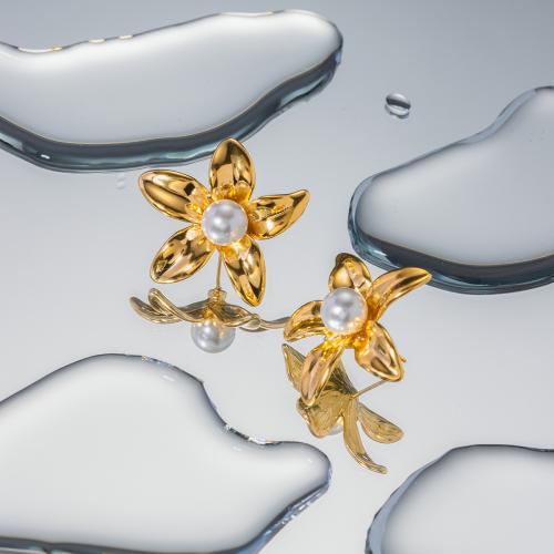 Edelstahl Stud Ohrring, 304 Edelstahl, mit Kunststoff Perlen, Blume, plattiert, Modeschmuck, goldfarben, 28x30mm, verkauft von Paar