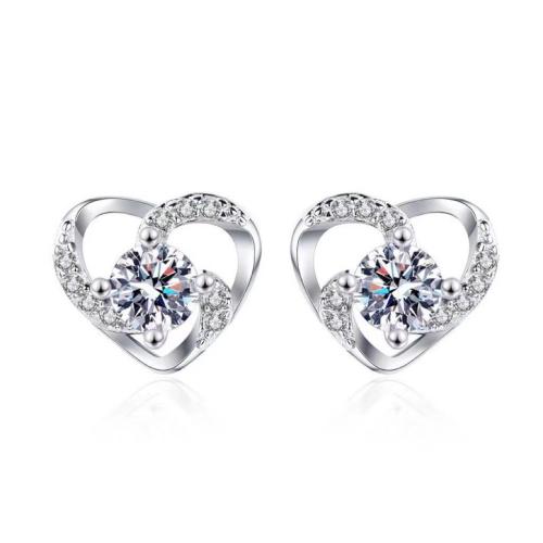 Cubic Zirconia Micro Pave Sterling Silver Earring, 925 Sterling Silver, Heart, micro pave cubic zirconia & for woman, platinum color 