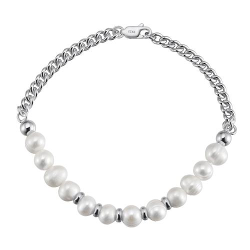 Pearl Sterling Silver Bracelets, 925 Sterling Silver, with Freshwater Pearl, Unisex Approx 20 cm 
