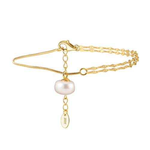 Pearl Sterling Silver Bracelets, 925 Sterling Silver, with Freshwater Pearl, with 5CM extender chain, for woman, golden Approx 16.5 cm 