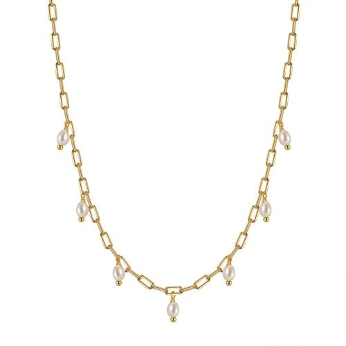 Collar de perlas de plata esterlina, plata de ley 925, con Perlas cultivadas de agua dulce, con 5CM extender cadena, para mujer, dorado, longitud:aproximado 45 cm, Vendido por UD