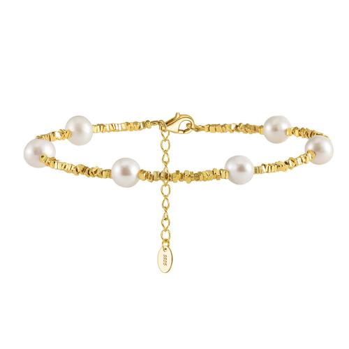 Pulseras de perlas de plata esterlina, plata de ley 925, con Perlas cultivadas de agua dulce, con 5CM extender cadena, para mujer, dorado, longitud:aproximado 16.5 cm, Vendido por UD