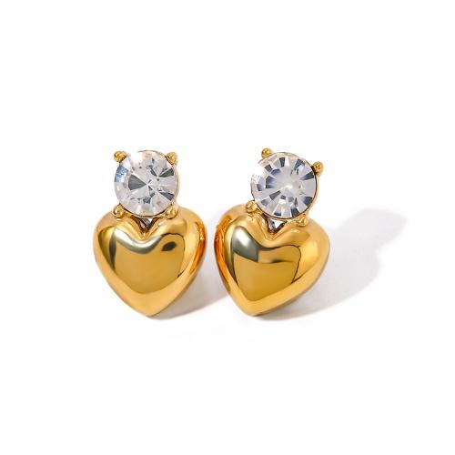 Stainless Steel Rhinestone Stud Earring, 304 Stainless Steel, Heart, 18K gold plated, fashion jewelry & for woman & with rhinestone, golden [