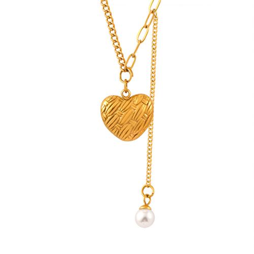 Collier de bijoux de titane, Acier titane, avec Shell Pearl, avec 5cm chaînes de rallonge, coeur, bijoux de mode & pour femme, doré Environ 41 cm, Vendu par PC