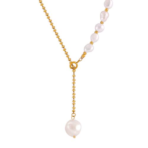 Collier de bijoux de titane, Acier titane, avec perle d'eau douce cultivée, bijoux de mode & pour femme, doré Environ 52.5 cm, Vendu par PC