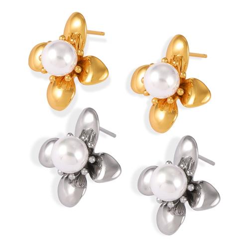 Titanium Steel Earrings, with Plastic Pearl, Flower, fashion jewelry & for woman 