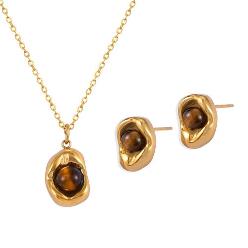 Titanium Steel Jewelry Set, with Tiger Eye, with 6cm extender chain, fashion jewelry & for woman pendant 13.5*8mm,  stud earring 11.7*8mm Approx 40 cm 
