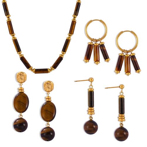 Titanium Steel Jewelry Set, with Tiger Eye, fashion jewelry & for woman, golden 