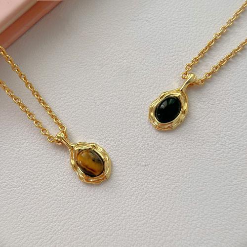 Gemstone Necklaces, Brass, with Tiger Eye & Black Agate, with 5cm extender chain, plated & for woman, golden cm 