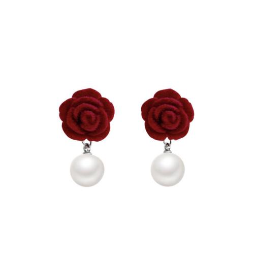 Plastic Earnut, Flocking Fabric, with Plastic Pearl, Rose, handmade, fashion jewelry & for woman, red 