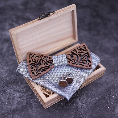 Walnut wood Bow Ties And Square Scarf Set, Square Scarf & Bow Ties & cufflink, with Cloth & 304 Stainless Steel, three pieces & for man Bow x 