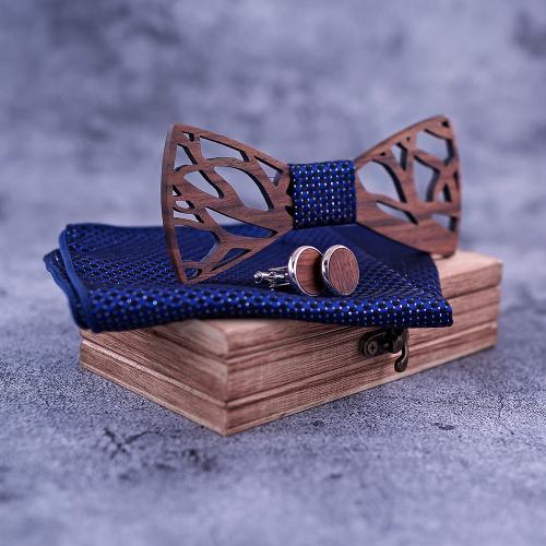 Walnut wood Bow Ties And Square Scarf Set, Square Scarf & Bow Ties & cufflink, with Cloth & 304 Stainless Steel, three pieces & for man Bow x [