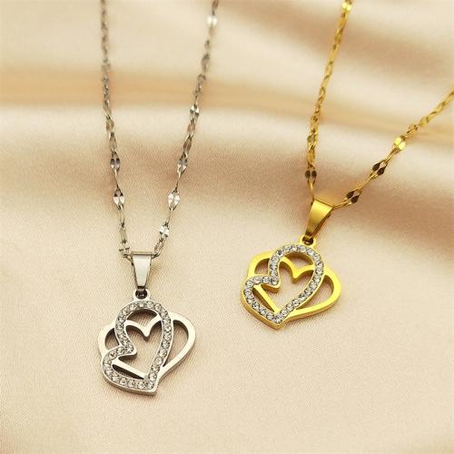 Stainless Steel Jewelry Necklace, 304 Stainless Steel, with 5cm extender chain, Heart, polished, fashion jewelry & Unisex & with rhinestone Approx 40 cm 