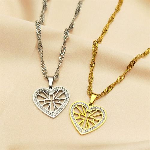 Stainless Steel Jewelry Necklace, 304 Stainless Steel, with 5cm extender chain, Heart, polished, fashion jewelry & Unisex & with rhinestone Approx 50 cm 