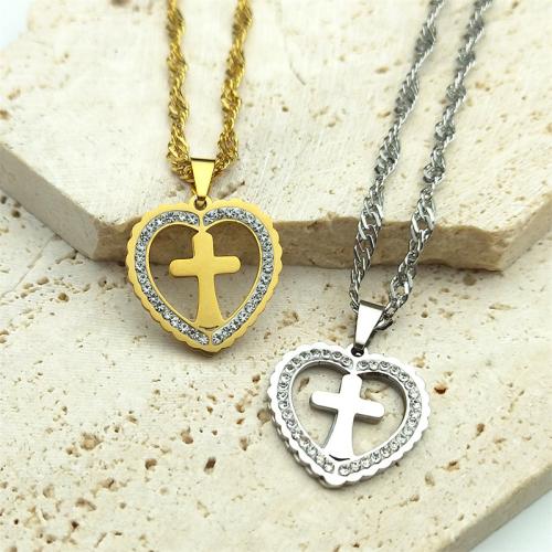 Stainless Steel Jewelry Necklace, 304 Stainless Steel, with 5cm extender chain, Heart and Cross, polished, fashion jewelry & Unisex & with rhinestone Approx 50 cm 