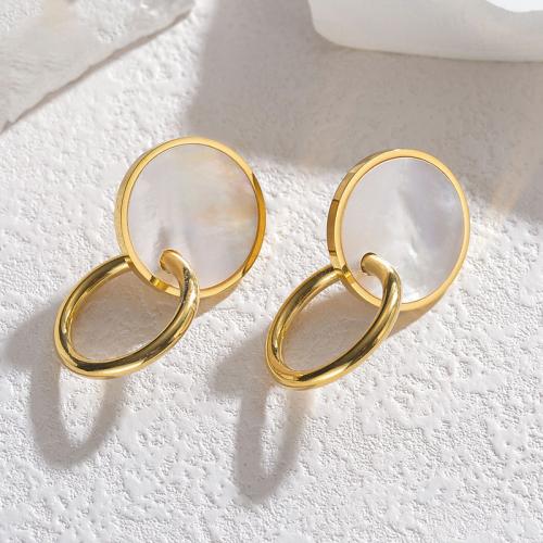 Stainless Steel Drop Earring, 304 Stainless Steel, with White Shell, Round, gold color plated, for woman, white 
