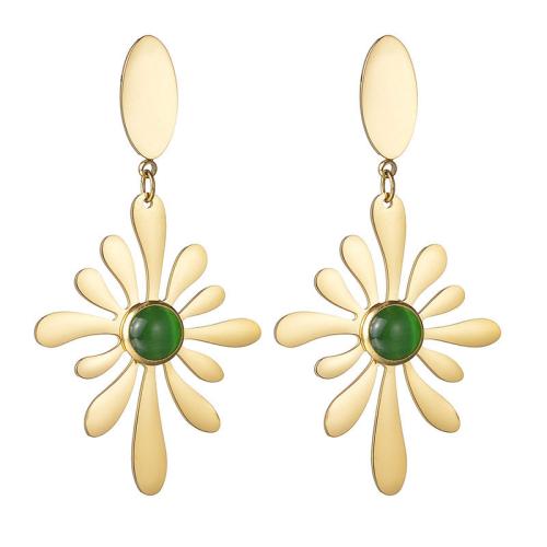 Boucles d'oreilles en acier titane, avec résine, fleur, Placage de couleur d'or, pour femme, vert, Vendu par paire