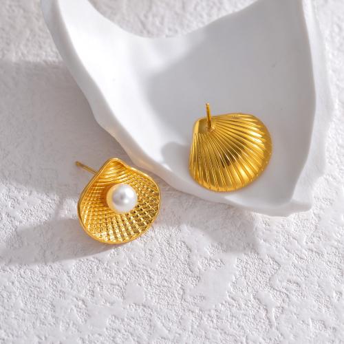 Boucles d'oreilles en acier titane, avec perle de plastique, coquille, Placage de couleur d'or, pour femme Vendu par paire
