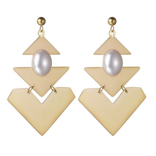 Titanium Steel Earrings, with Plastic Pearl, Triangle, gold color plated, for woman 