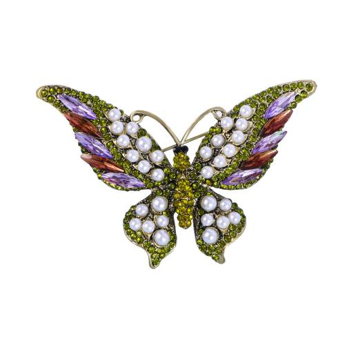 Rhinestone Zinc Alloy Brooch, with Plastic Pearl, Butterfly, for woman & with rhinestone, green 