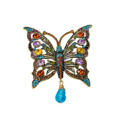 Rhinestone Zinc Alloy Brooch, Butterfly, for woman & with rhinestone, multi-colored 