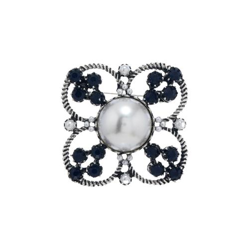 Broche de perlas plástica, aleación de zinc, con Perlas plásticas, para mujer & con diamantes de imitación, plateado, 42x42mm, Vendido por UD
