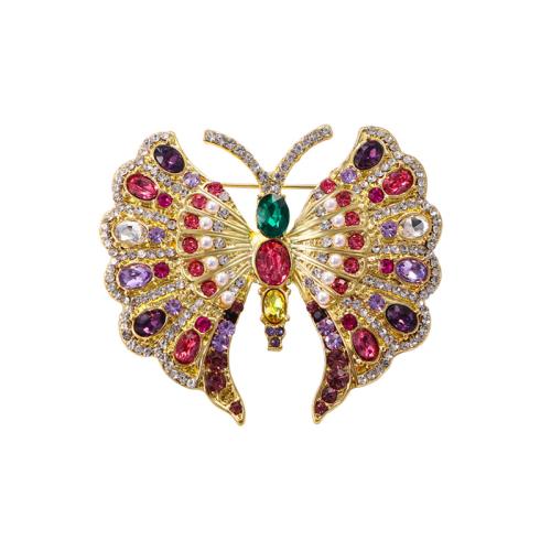 Rhinestone Zinc Alloy Brooch, with Plastic Pearl, Butterfly, for woman & with rhinestone, golden 