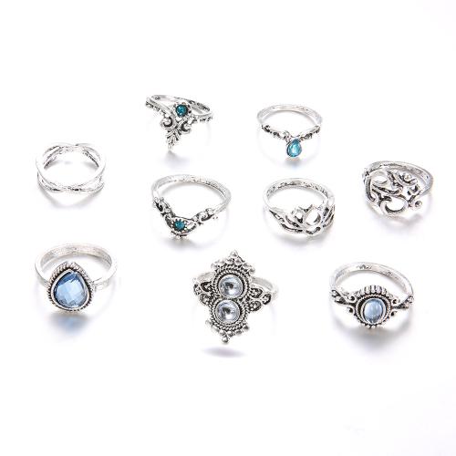 Zinc Alloy Ring Set, with Artificial Opal, antique silver color plated, vintage & nine pieces & for woman & with rhinestone 