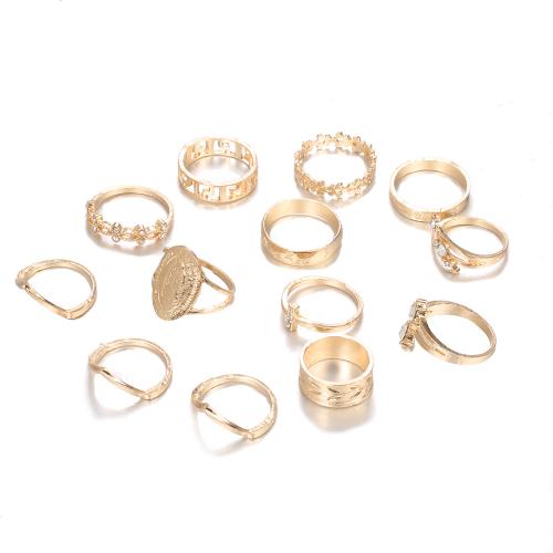 Zinc Alloy Ring Set, gold color plated, 13 pieces & for woman & with rhinestone 