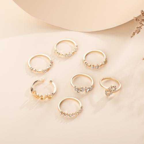 Zinc Alloy Ring Set, gold color plated, 7 pieces & for woman & with rhinestone 